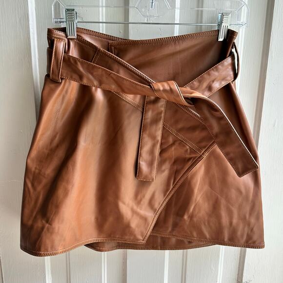 Divine Heritage Vegan Leather Mini Wrap Skirt Saddle Brown - Picture 2 of 7